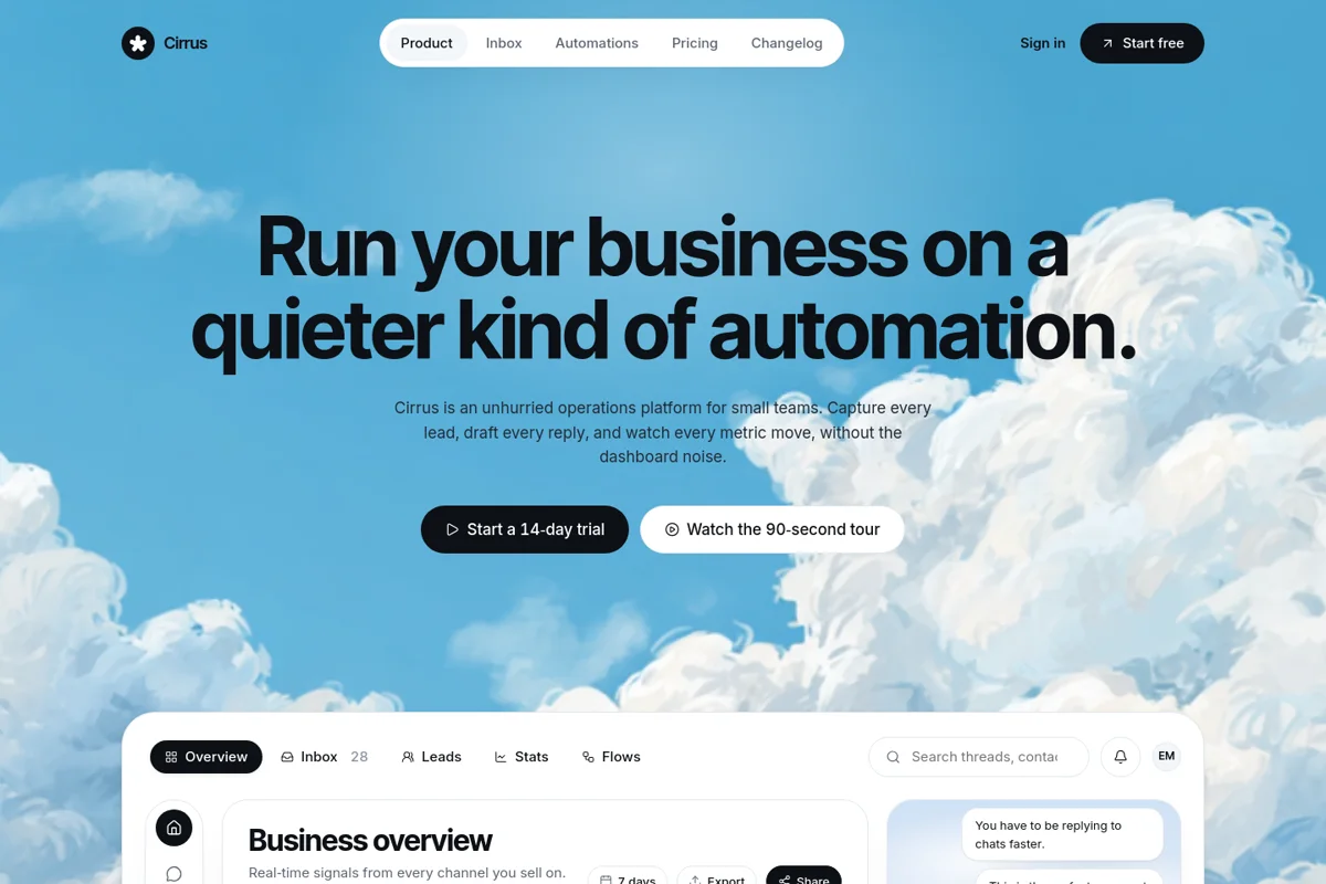 Published Cirrus landing page with the design system applied
